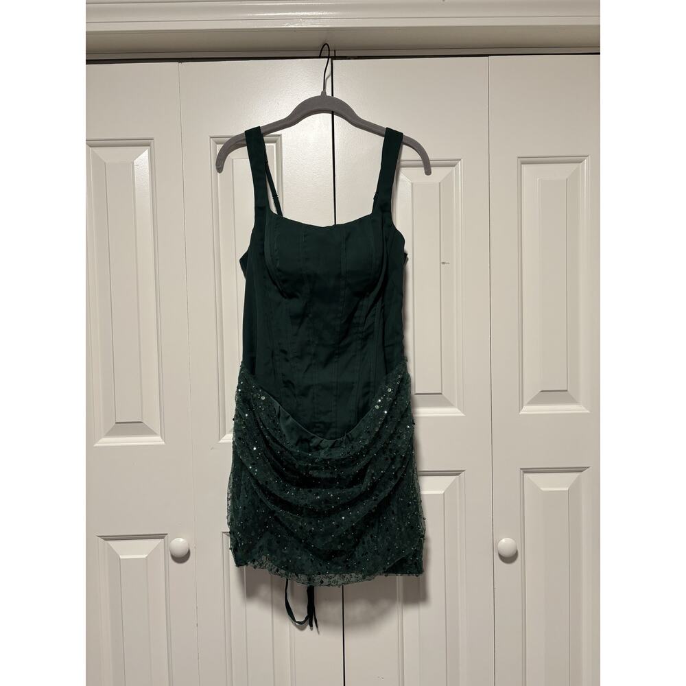 Dark Green Sequin Draped Mini Dress Size 10 - Picture 2 of 7